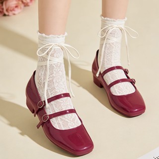 Fshow รองเท้าคัชชูแฟชั่นหัวเหลี่ยมส้นหนาสไตล์วินเทจ สายคาด เ…