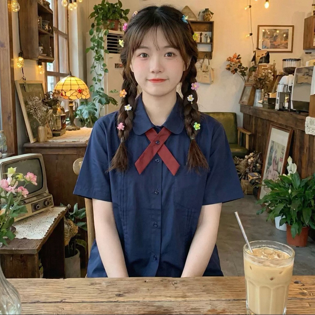 เสื้อเชิ้ตแขนสั้น [รวม] สไตล์ เสื้อนักเรียนญี่ปุ่น โบว์ไขว้ 38-40” เชิ้ตแขนสั้น ผู้หญิง ผ้าคอตตอน Herbie Style