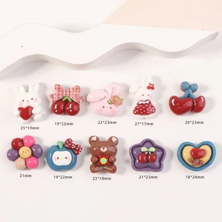 ❮10 ชิ้นครบแบบ❯เรซิ่นสีวินเทจ รูปหัวใจประดับโบว์เชอร์รี่สำหรับแมว DIYงานประดิษฐ์ ลายแอปเปิ้ล แมว และเชอร์รี่ สีสันสดใส