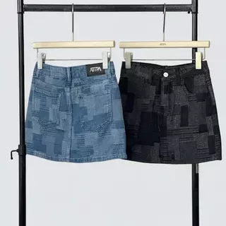 Atipashop - Ligne Denim Skirt (#ATP601) กระโปรงสั้นยีนส์ลายสก็อตตาราง