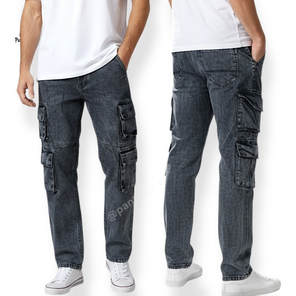 PANTS DE ART กางเกงยีนส์ผู้ชาย ทรงกระบอกเล็กคาร์โก้ 8 กระเป๋า | ใส่สบาย เท่ทุกลุค งานพรีเมียม SIZE28-36 สีเข้ม