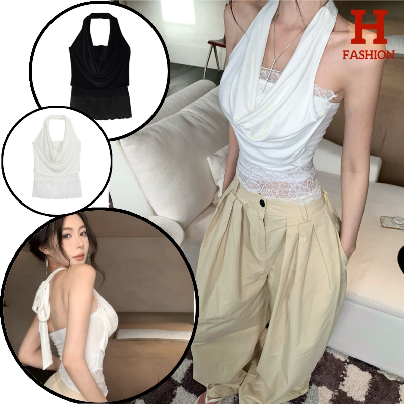 HOT FASHION THAI พร้อมส่ง เสื้อคล้องคอ สีพื้นผ้านุ่มนิ่ม คาวาอี้ ดีเทลแต่งลูกไม้ มีฟองน้ำในตัว -FY5593