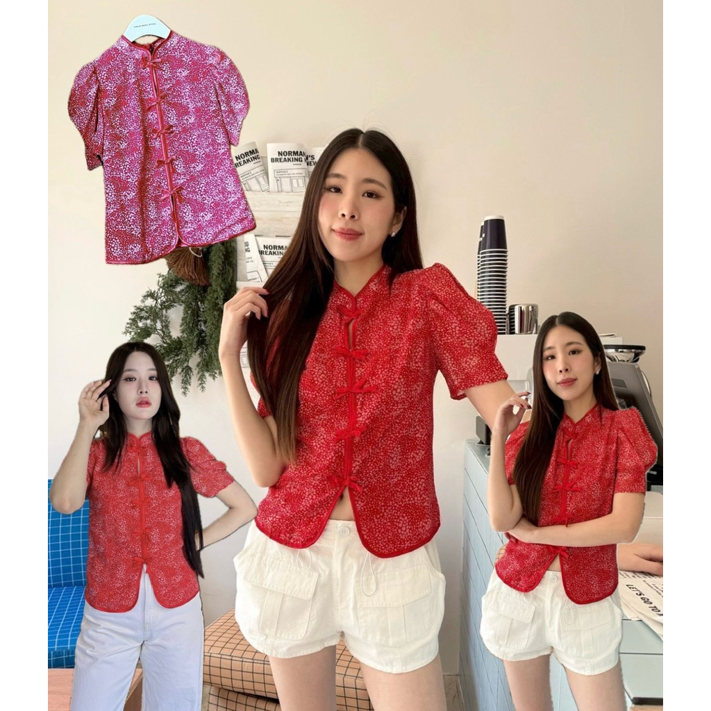 🧧พร้อมส่ง🧧CNY TOP 2026 • เสื้อตรุษจีนผู้หญิง แต่งคอจีน เสื้อทรงพอดีตัว สีแดงสดใสพิมพ์ลายดอกไม้ สุดคิ้วท์ ดีเทลแขนพอง