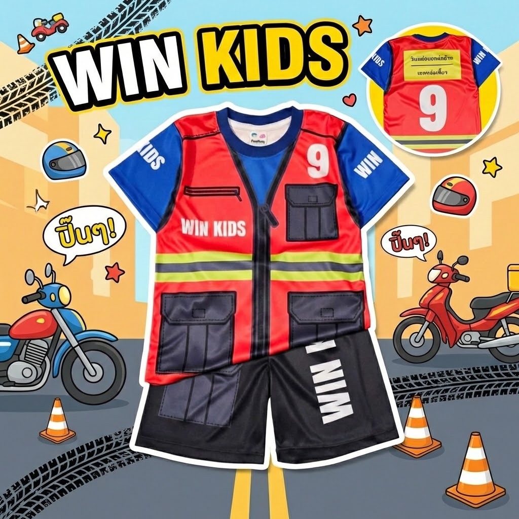 (WIN0985) ชุดเด็ก ชุดอาชีพเด็ก เสื้อแขนสั้น+กางเกงขาสั้น ผ้าไมโครเกรดA ลายวินมอไซค์ เสื้อผ้าเด็กแฟชั่น ชุดเด็กลายการ์ตูน