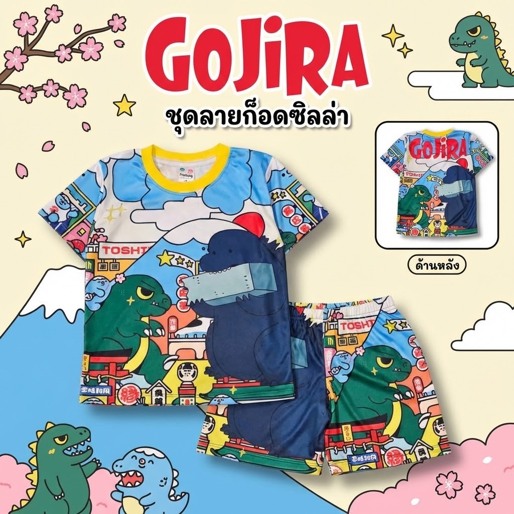 (GZ0987) เสื้อผ้าเด็ก เสื้อแขนสั้น+กางเกงขาสั้น เนื้อผ้าไมโครเกรดA ลายก็อดซิล่า ชุดเด็กแฟชั่น ชุดเด็กลายการ์ตูน