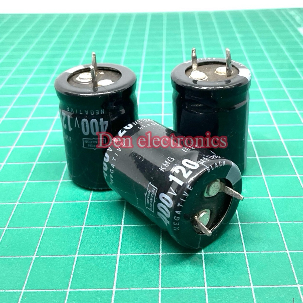 C ขาเขี้ยว 120uF400V กว้าง22mm สูง30mm 105Cองศา ยี่ห้อ NIPPON CAPA คาปา เก็บประจุ