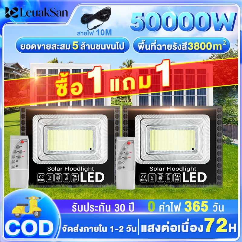 ไฟโซล่าเซลล์ LED 50000W สว่างอัตโนมัติ รีโมตควบคุม IP68 กันน้ำ ป้องกันฟ้าผ่า