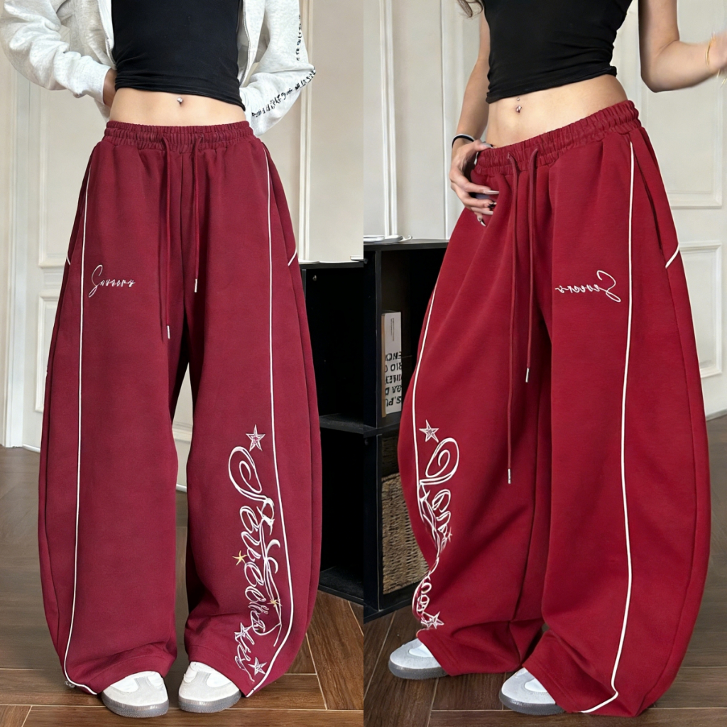 กางเกงขากระบอก กางเกงผู้หญิง มีเชือกที่เอว ทรงหลวม ใส่ไปเต้น ทรงสวย #111317