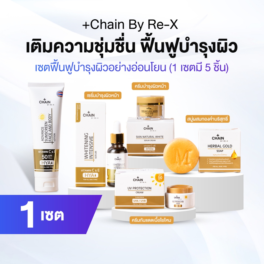 Chain By RE-X เซตย้อนวัยผิวสุดคุ้ม ได้ทั้งสบู่ + ครีม + เซรั่ม + ครีมกันแดด + โลชั่นกันแดด