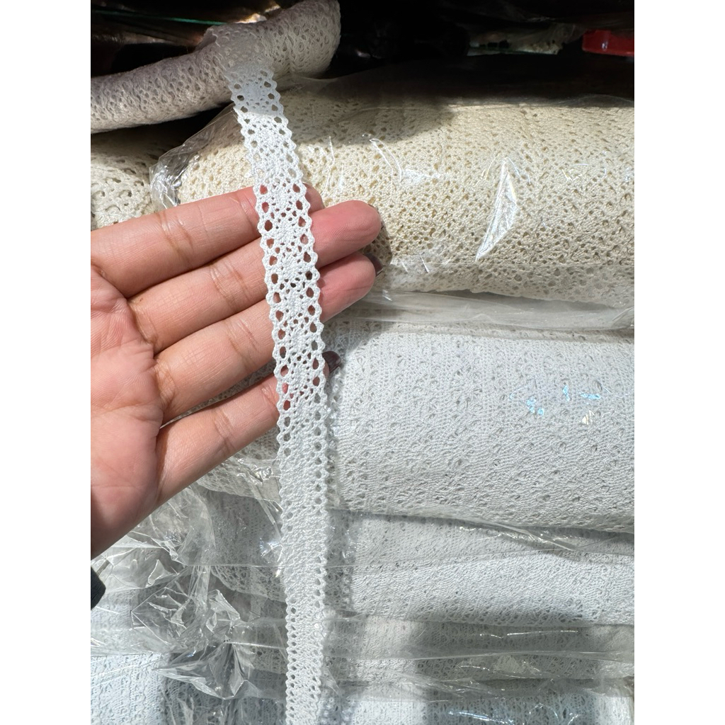 ลูกไม้โครเชต์ สีขาว ขนาด1.5cm. 30หลา 260฿