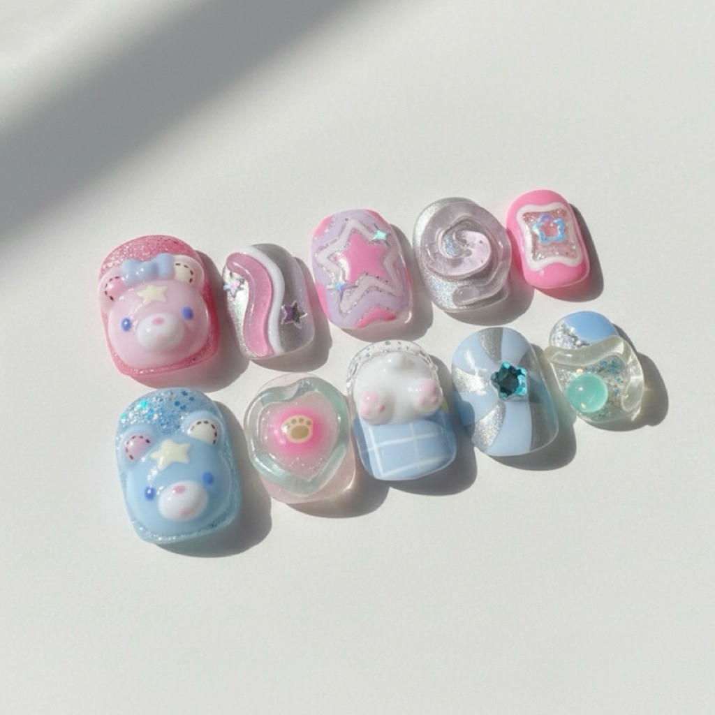 เล็บปลอม - ปั้นนูนลายน้องหมี🧸🌟🩷🩵