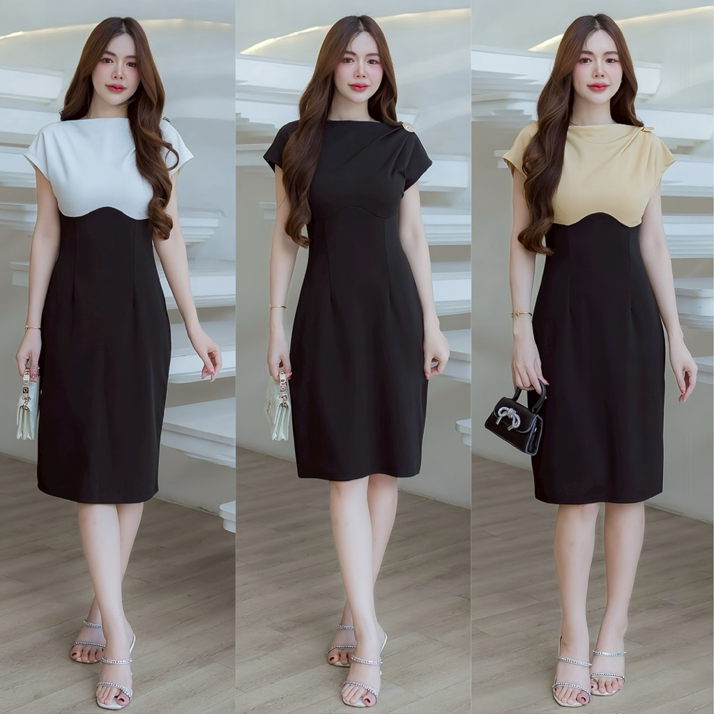 277 เดรสปาดไหล่แขนล้ำแต่งกระดุมทอง (ผ้าเทพ REEYA)