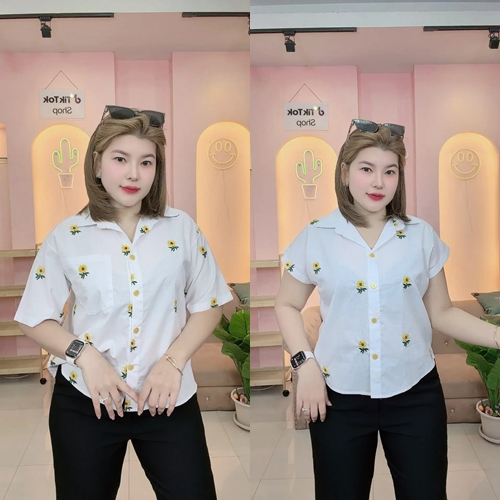 D48 เชิ๊ตแขนสั้นเป๋าเดี่ยวปักทานตะวัน อก 44 48 52