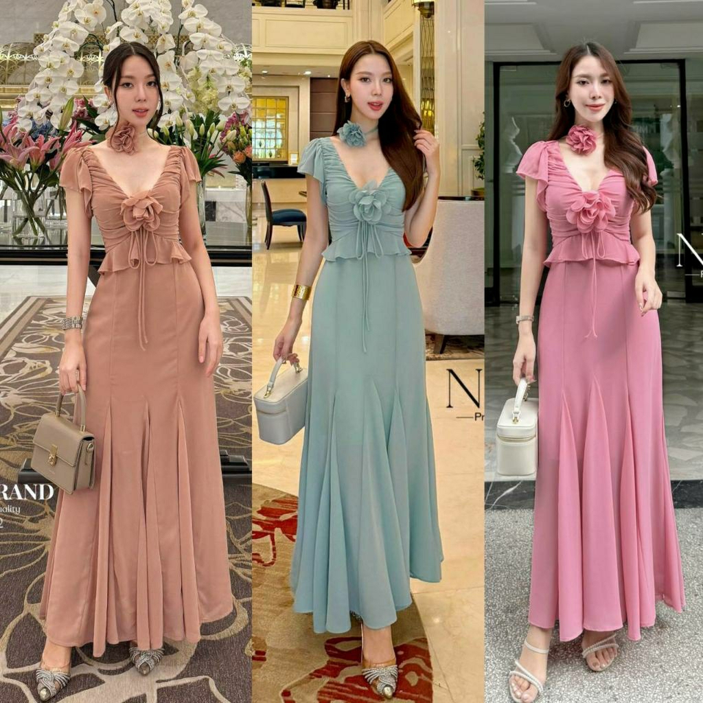 (XS-XL)  NABI   📣พร้อมส่งเดรสแต่งระบายที่แขนและใต้อก+เข็มกลัดดอกไม้กับโช้คเกอร์ปลายเดรสแต่งพริ้วๆและหางปลา