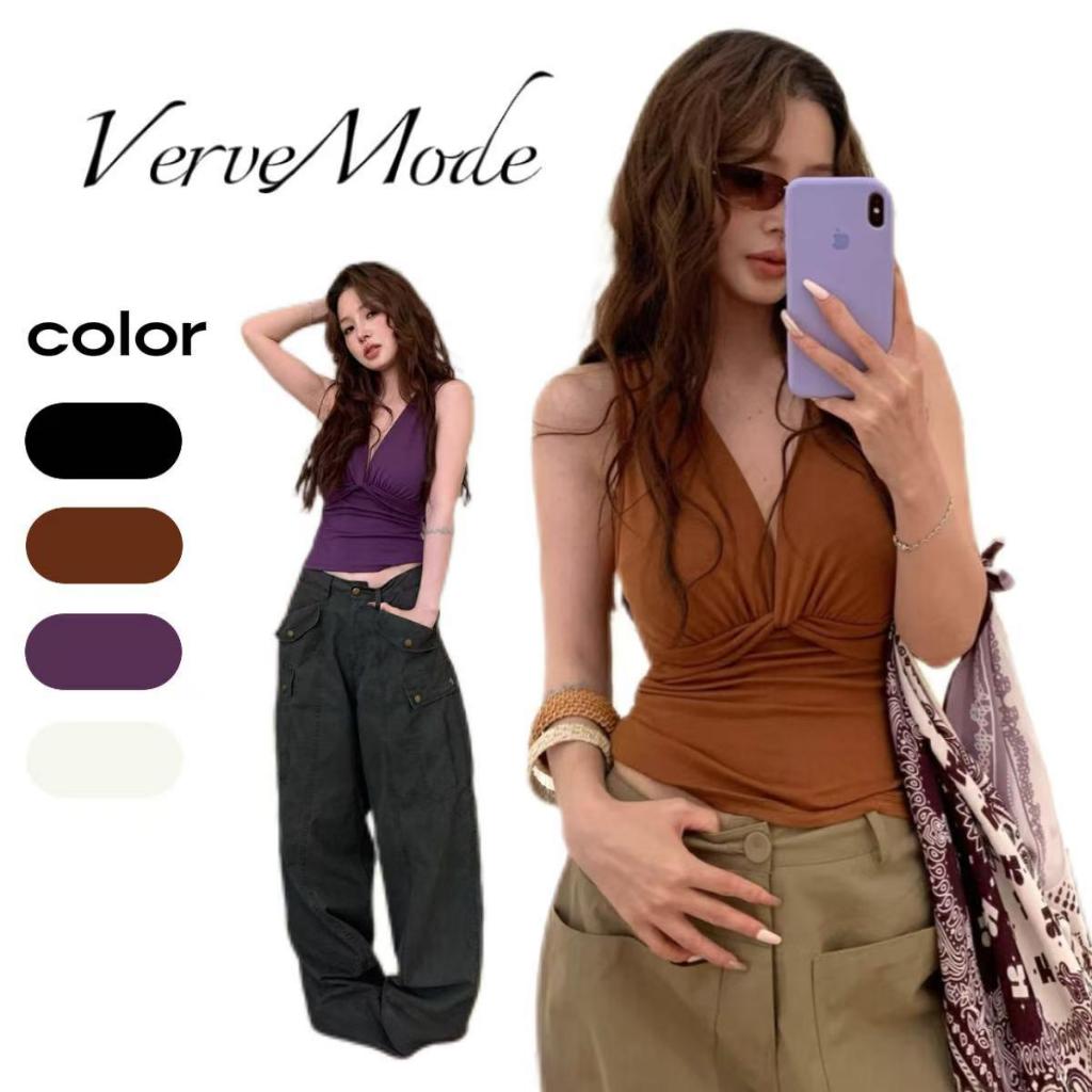 VerveMode.🍓จัดส่งในประเทศไทย🍓เซ็กซี่หยักศกคอวี Halter Vest ผู้หญิงฤดูร้อนบางพอดีกับการออกแบบความรู้สึกร้อนแขนกุดนอกสวมสั