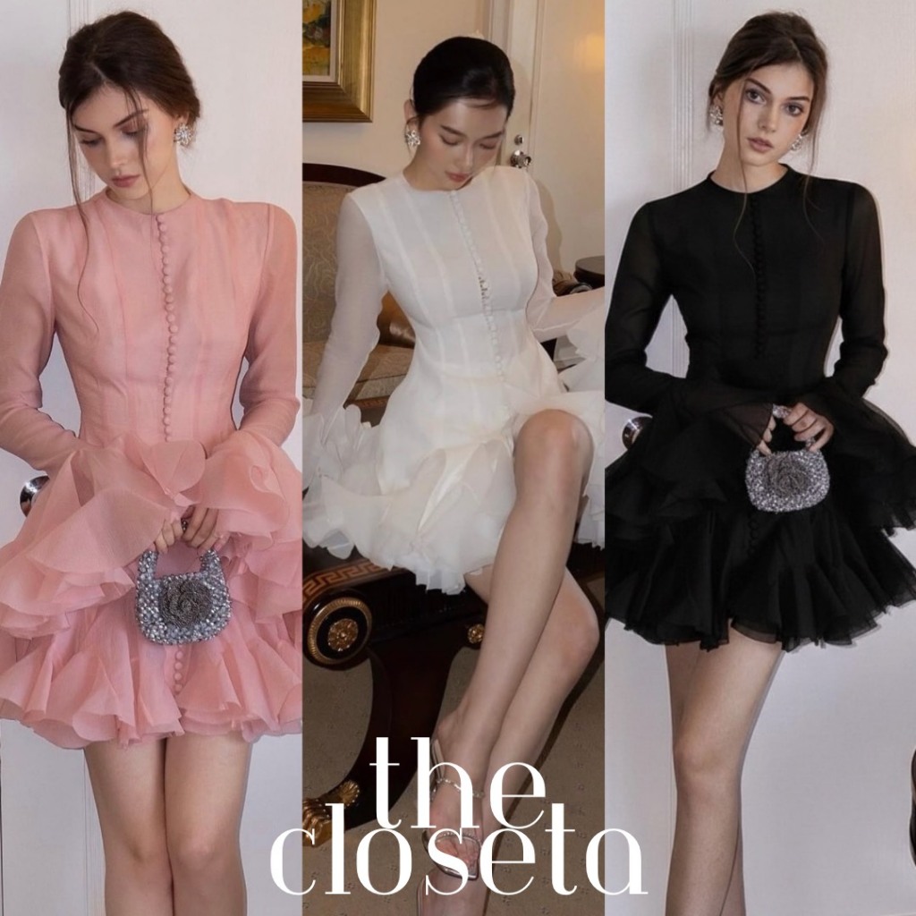 THE CLOSETA : LB499 รุ่นกระโปรงสั้น มินิเดรสแขนยาวแต่งระบายช่วงแขนและชายกระโปรงแต่งจับจีบฟู