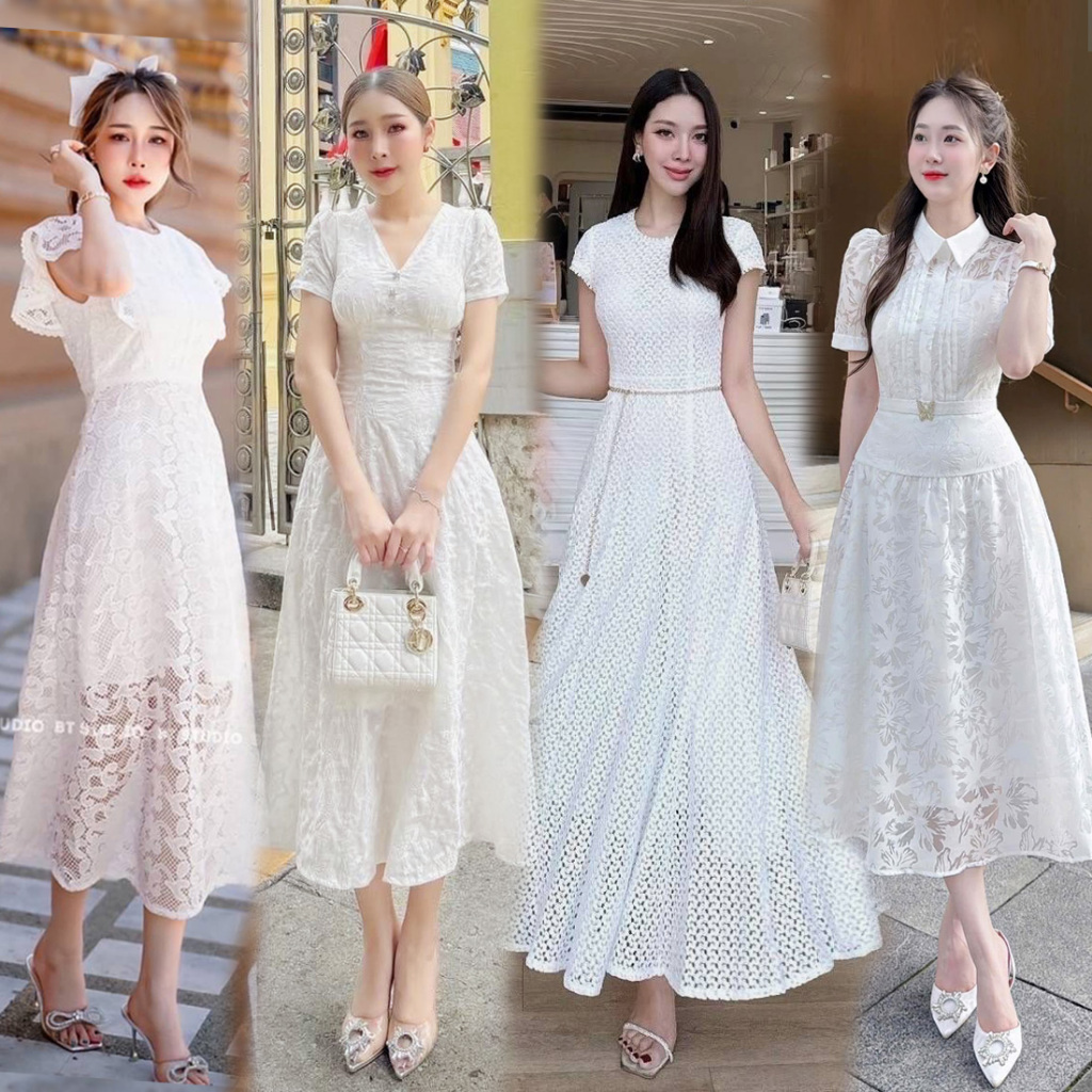 S-XL ชุดเดรสลูกไม้สีขาว ใส่ไปงานแต่ง งานบุญ งานบวช คาเฟ่ #ชุดอั้ม  #BTstudio – โปรปัง
