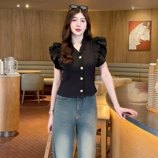 เสื้อแฟชั่น ผ้าครัช คอแต่งระบาย แขนแต่งระบาย กระดุมมุกหน้า ทรงเข้ารูป สวเรียบหรู ใส่ทำงาน ใส่ออกงาน สายคาเฟ่ LG099