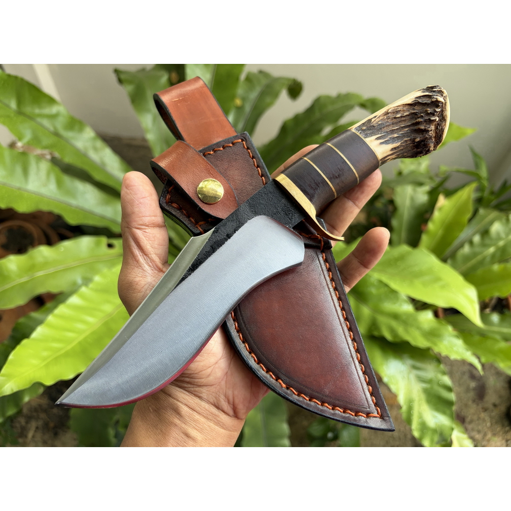 โบวี่ มีดแคมป์ มีดพก Pocket Bowie knife มีดเดินป่า ใบ 6.3” เหล็กบาร์เลื่อย ตีร้อน ด้ามเหง้าเขากวางต่