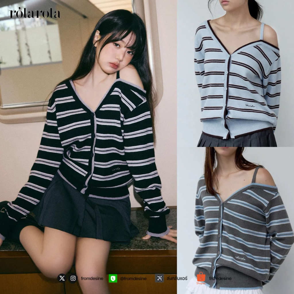 [ PRE-ORDER ] รอบลด 40% ROLAROLA ONE OFF SHOULDER STRIPE WOOL BLENDED CARDIGAN