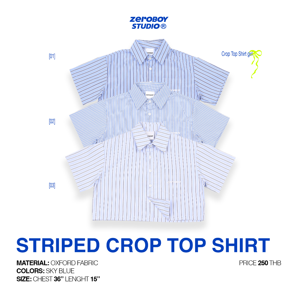 ZEROBOY / Striped Crop Top Shirt  เสื้อเชิ้ตครอป ลายทางสีฟ้า