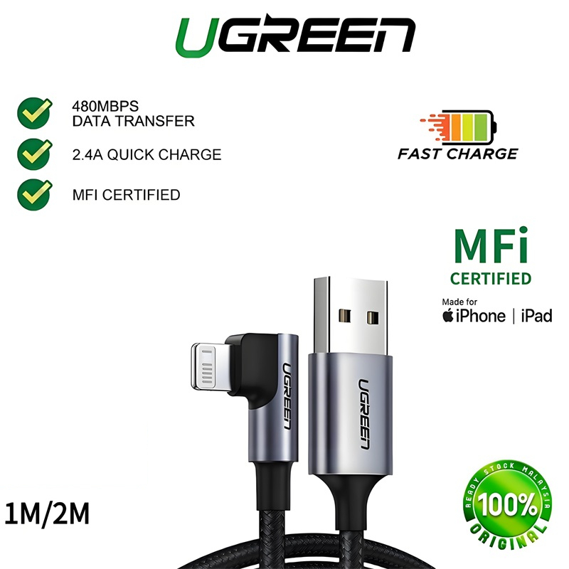Ugreen USB AL 2.4A 1M/2M 90° สายชาร์จเร็วสําหรับ iPhone 14/14 Plus/14 Pro/Pro Max