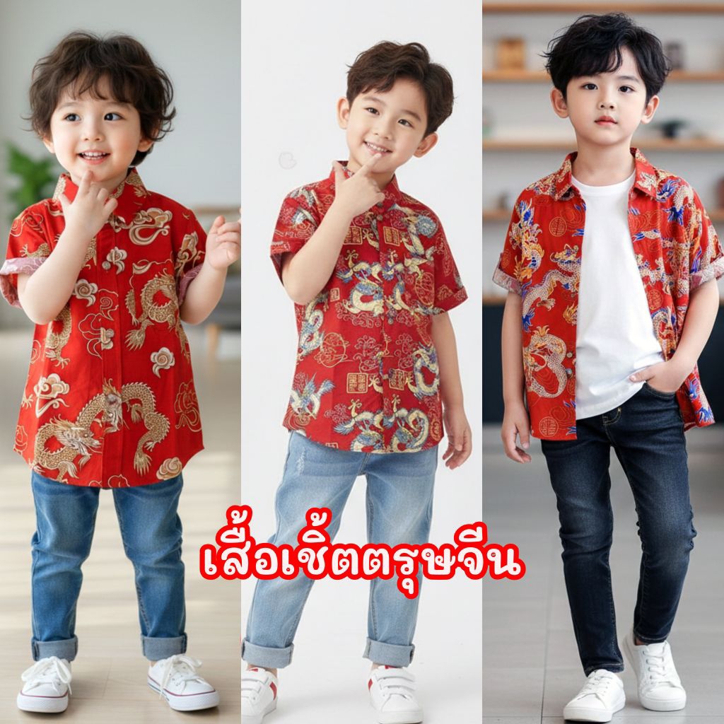 Ndd // เสื้อเชิ้ตตรุษจีนสีแดงคอจีนและคอปกลายมังกร
