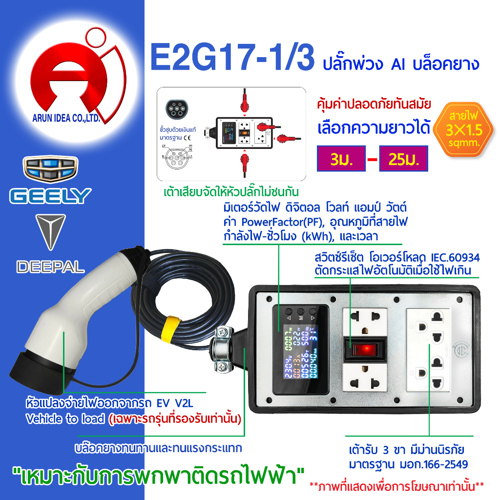 ปลั๊กพ่วง ปลั๊กไฟ รถไฟฟ้า V2L DEEPAL 05 07 GEELY ex2 ex5 ตั้งแค้มป์ สาย3x1.5 มอก 3ม. - 25ม. รุ่น E2G