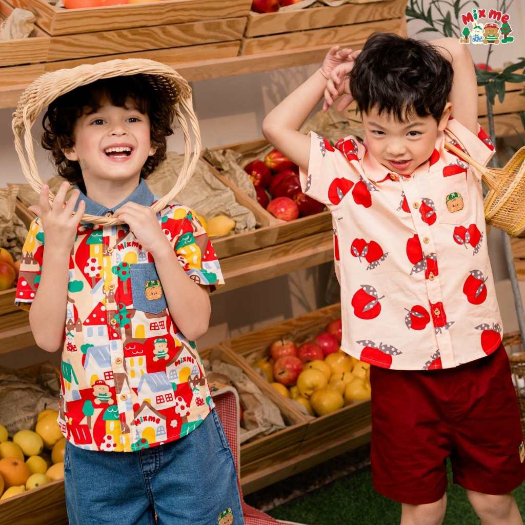 Mix Me เสื้อเชิ้ต กางเกงขาสั้น ลายเมืองApple ผ้า Oxford / Twill เด็กชาย อายุ 1-7 ปี เสื้อผ้าเด็ก รุ่