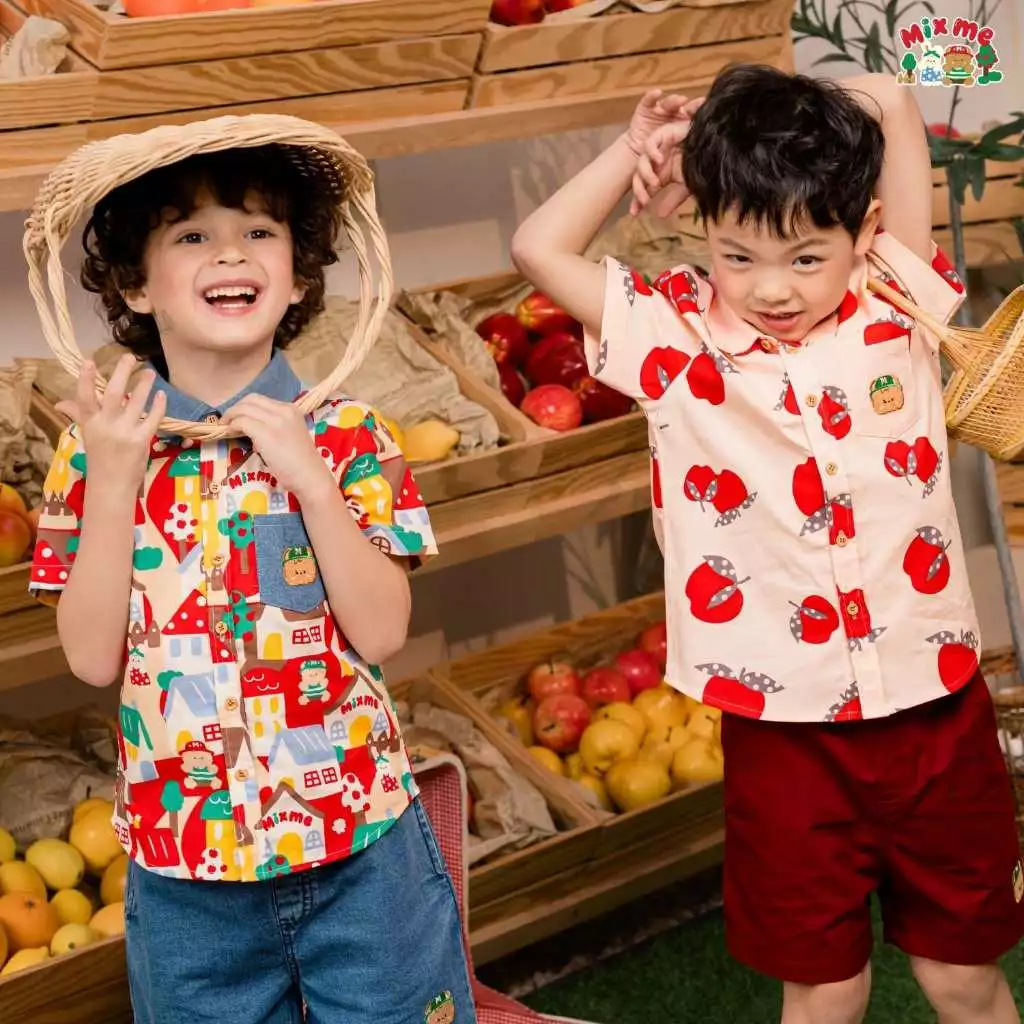 Mix Me เสื้อเชิ้ต กางเกงขาสั้น ลายเมืองApple ผ้า Oxford / Twill เด็กชาย อายุ 1-7 ปี เสื้อผ้าเด็ก รุ่น 400454 / 400455