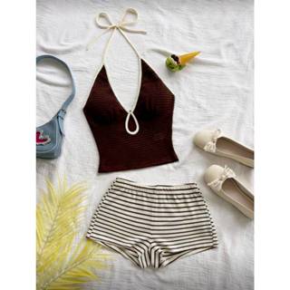 Set S2601 ชุดเซ็ต 2 ชิ้น เสื้อคล้องคอ คอวี +กางเกงขาสั้น