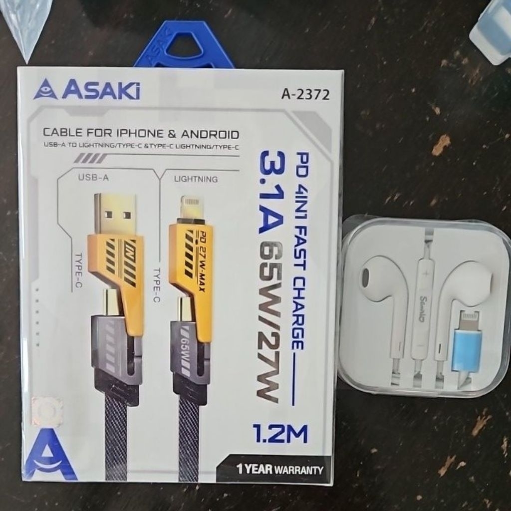 [new] สายชาร์จ ASAKI PD 4-in-1 Cable Yellow แถมหูฟัง