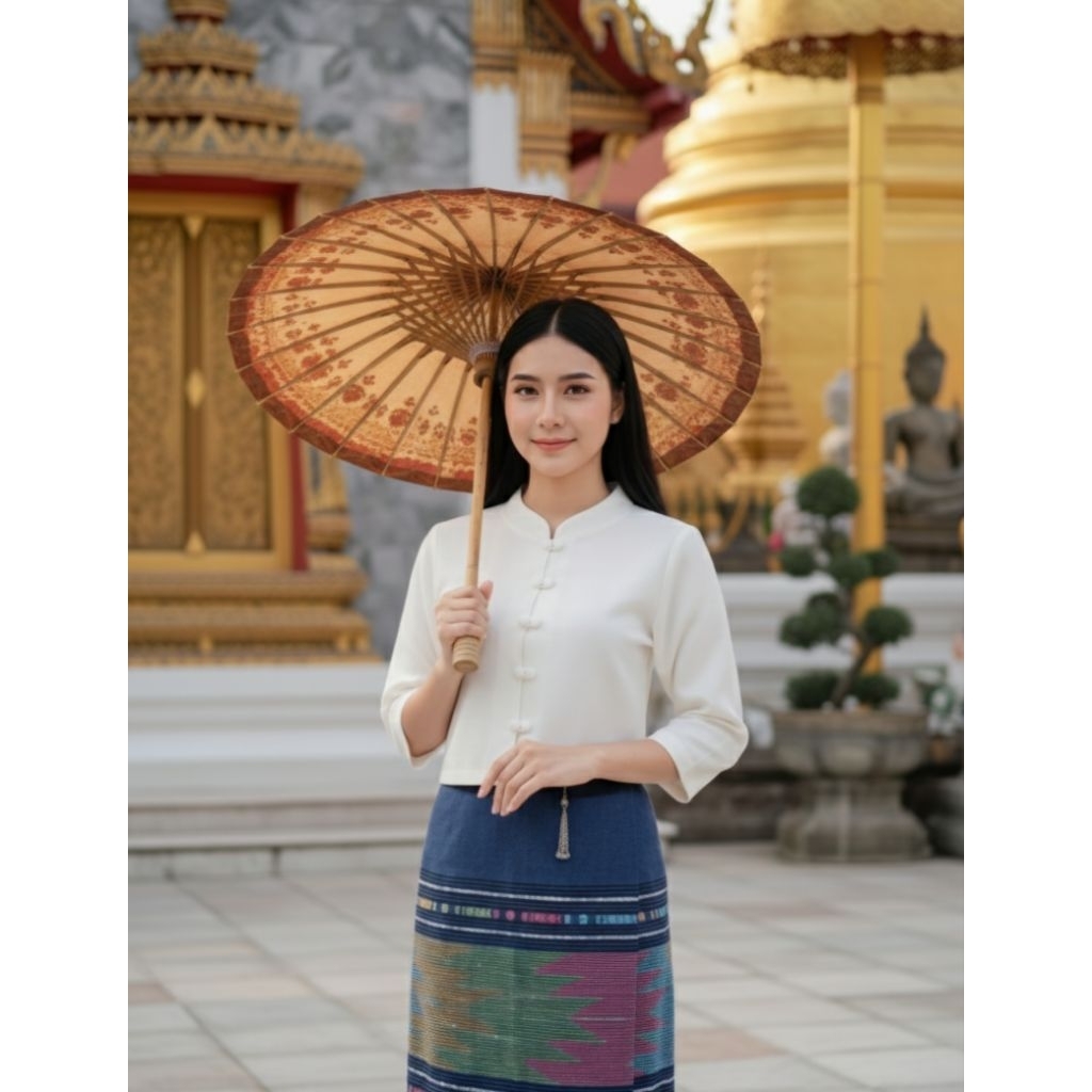 เสื้อคอจีนรุ่นกระดุมคู่ ทำจากผ้าฝ้ายเยื่อไผ่รีดอัดกาว