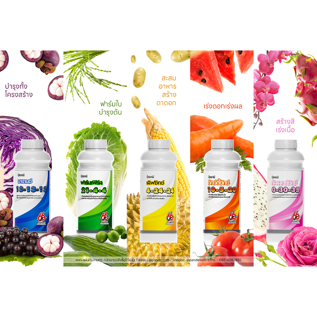 รวมสูตรปุ๋ยน้ำ #66 ขนาด 1 ลิตร 13-13-13, 21-4-4, 4-24-24, 10-5-20 และ 0-30-35