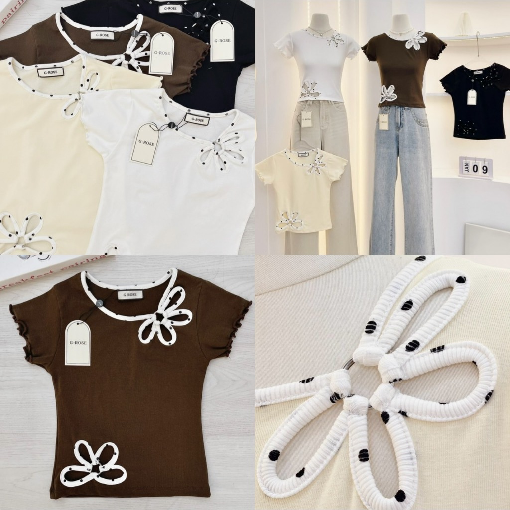 เสื้อครอปแขนสั้นแต่งดอกไม้สีพื้นผ้าเรียบ แต่งห่วงดอกไม้ดีไซน์น่ารัก ใส่สบาย เกาหลี G-rose (G038)