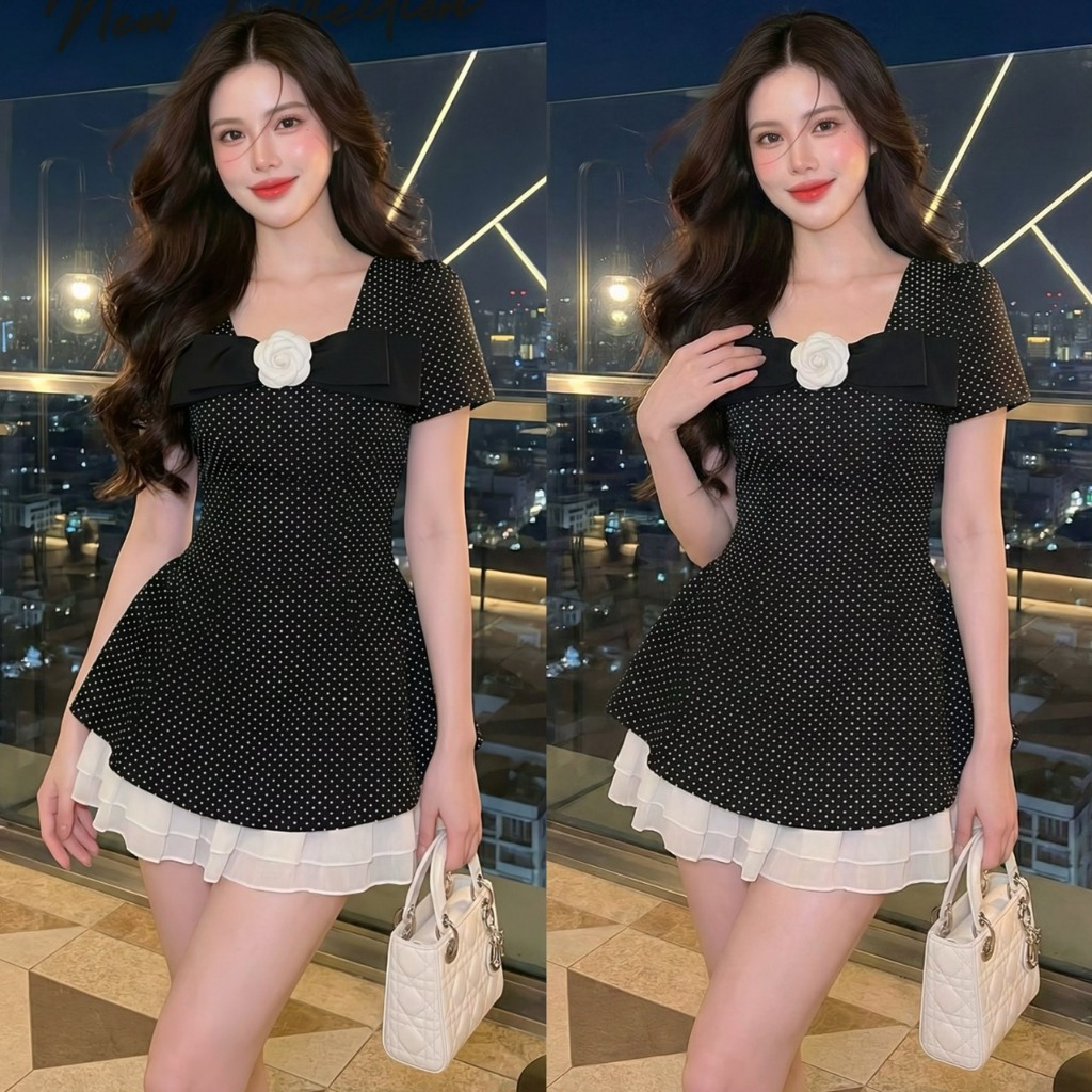 Thealner-AN856 (เซตเสื้อดำคอเหลี่ยมแขนสั้นแต่งดอกกางเกงขาสั้น)