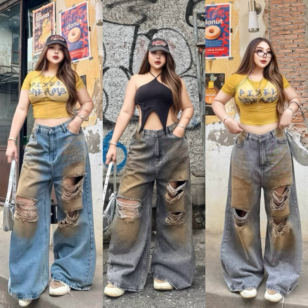 Dirty Baggy Jeans - กางเกงยีนส์ขากระบอกใหญ่สาวอวบ แต่งเลอะสนิมสุดเก๋ เอว34-48นิ้ว