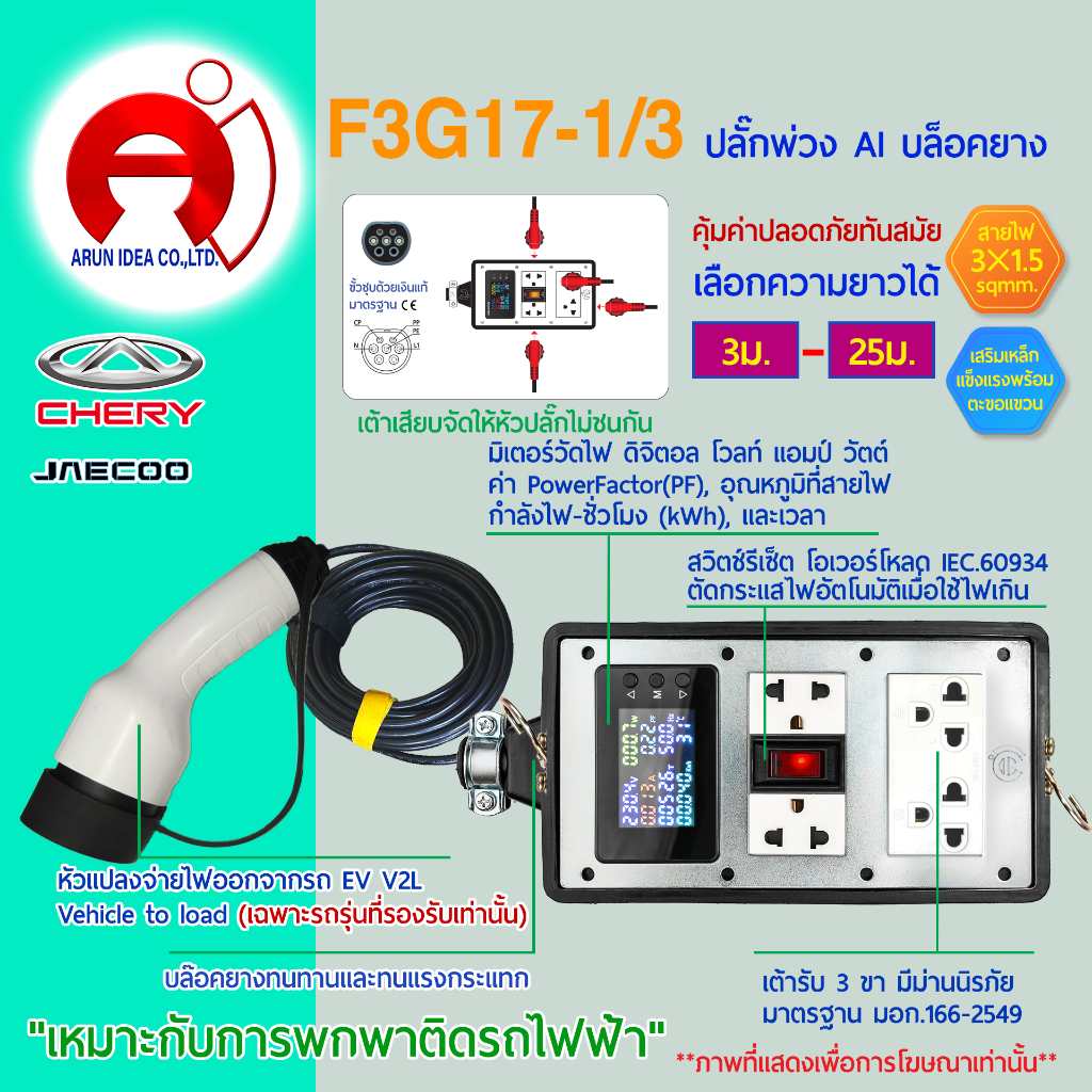 AI เอไอ บล็อกยาง ปลั๊กพ่วง ปลั๊กไฟ รถไฟฟ้า V2L v2l CHERY V23 Jaecoo j5 j6 Icar สาย3x1.5 มอก 3ม. - 25