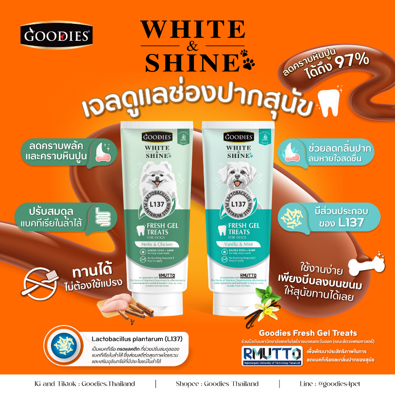 𝐆𝐎𝐎𝐃𝐈𝐄𝐒 White&Shine Fresh Gel Treats เจลทำความสะอาดฟันสุนัข ทานได้ ไม่ต้องใช้แปรง