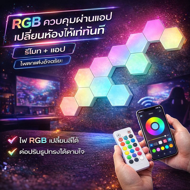 แผ่นไฟหกเหลี่ยมติดผนัง ไฟรังผึ้ง RGB เปลี่ยนสีได้ 16 ล้านสี ควบคุมรีโมท 1 แพ็ค 6/10 ชิ้น สำหรับตกแต่งห้องนอน คาเฟ่