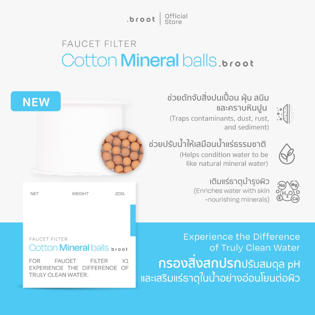 Cotton + Mineral Balls  ไส้กรองฝ้ายเกรดพิเศษผสานนวัตกรรมหินแร่ธรรมชาติ(ใช้สำหรับ Face Wash Faucet Filter) .broot