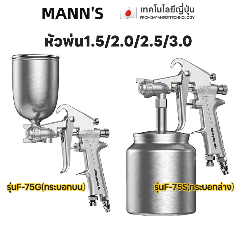 กาพ่นสี แบบหงาย 400/600มล กาพ่นสีหงาย รุ่นF-75G（กระบอกบน）/ F-75S（กระบอกล่าง) หัวพ่น1.5/2.0/2.5/3.0
