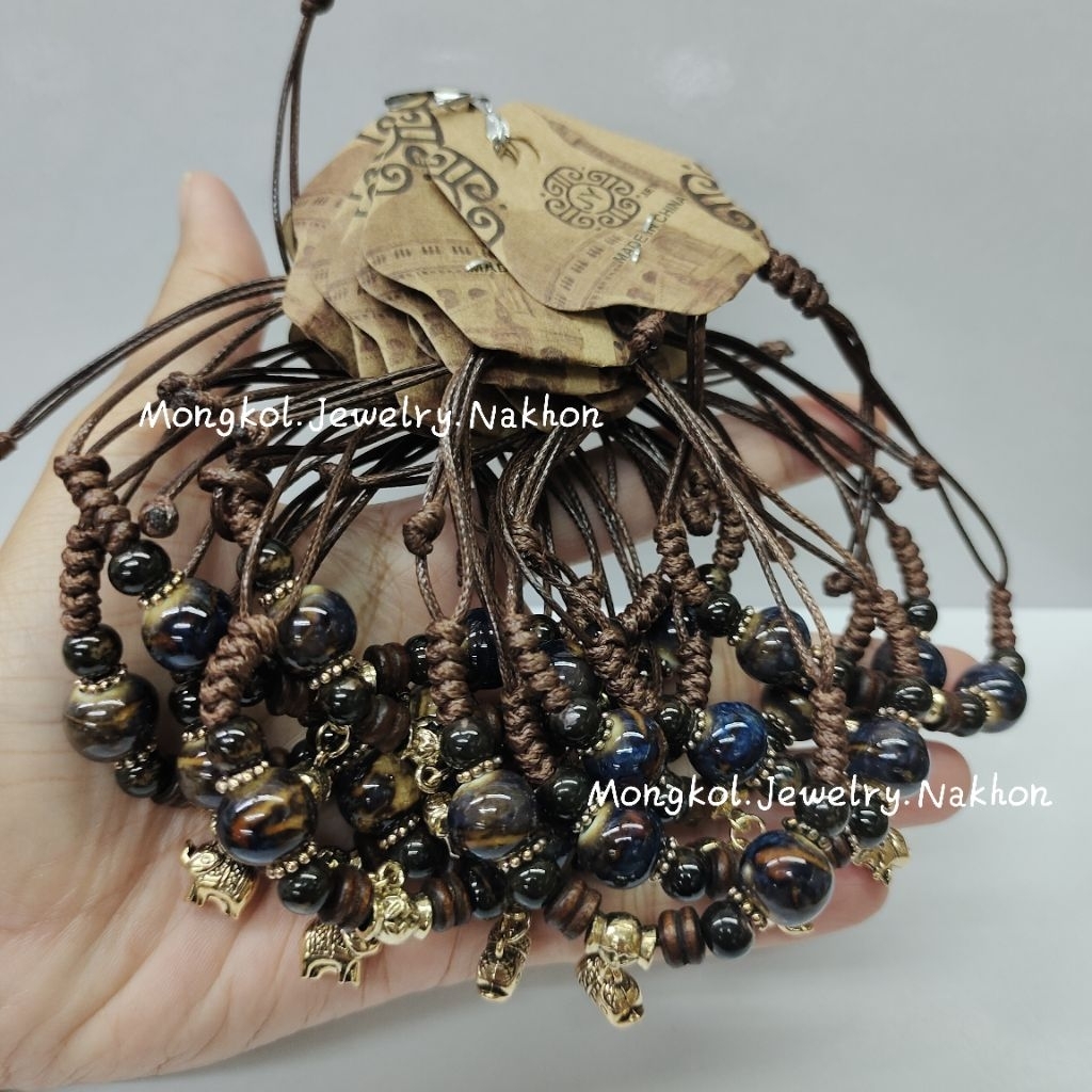 ยกโหล 12 เส้น ข้อมือ หินเชือกถัก ห้อยช้าง สายปรับได้