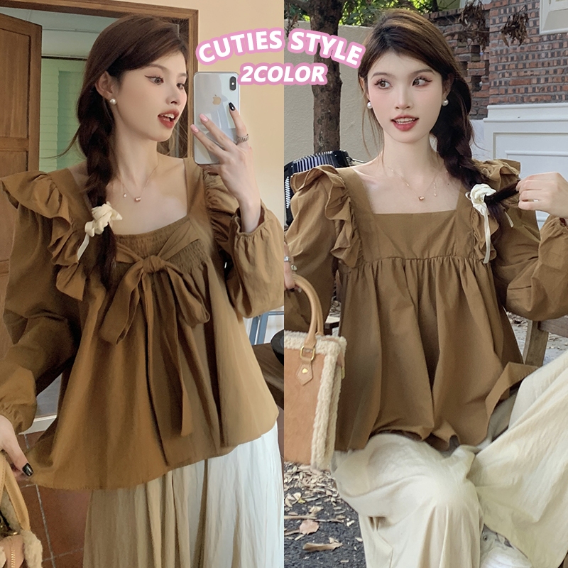 👚Anna👚 เสื้อเชิ้ตผู้หญิงแขนยาว แต่งโบว์และยางยืดด้านหลัง เสื้อเชิ้ตน่ารักหวานๆ สวมใส่ได้ทั้งด้านหน้าและด้านหลัง W672