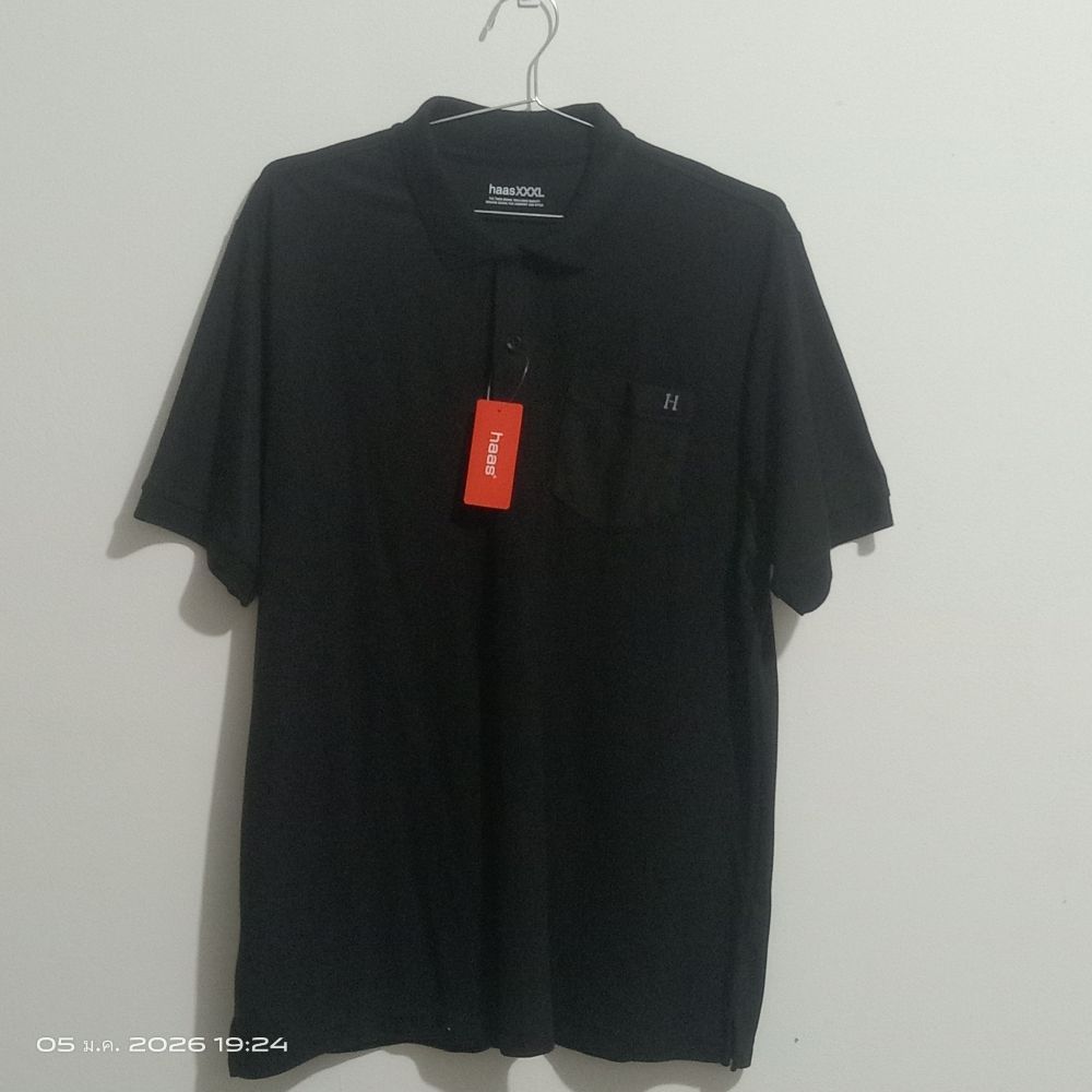 เสื้อโปโล Hass สีดำ มือ 1 แขนจั๊ม ผ่าชายเสื้อ มีกระเป๋าเสื้อปักตัว H ไซส์ 3XL อก 50 นิ้ว