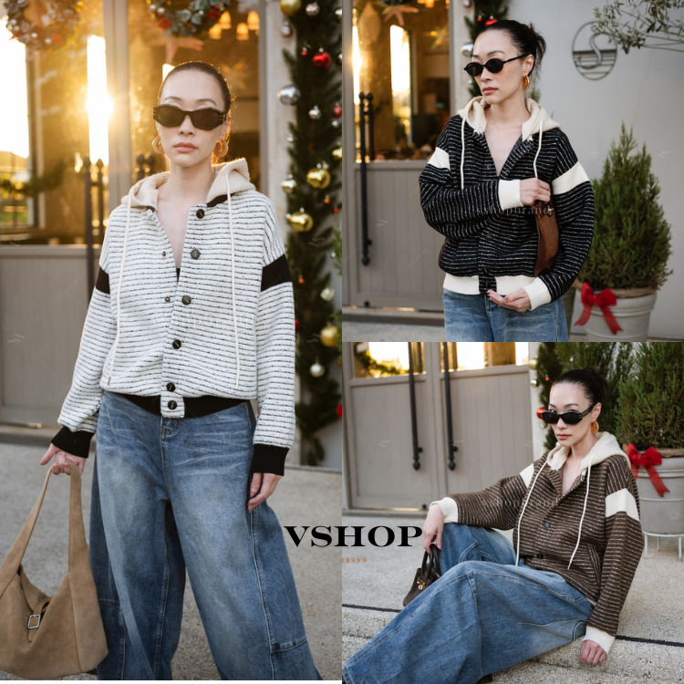 พร้อมส่ง เสื้อไหมพรมลายริ้วแขนยาวขลิบขอบทูโทน+ฮู๊ดไหมพรม งานป้ายvshopbrand