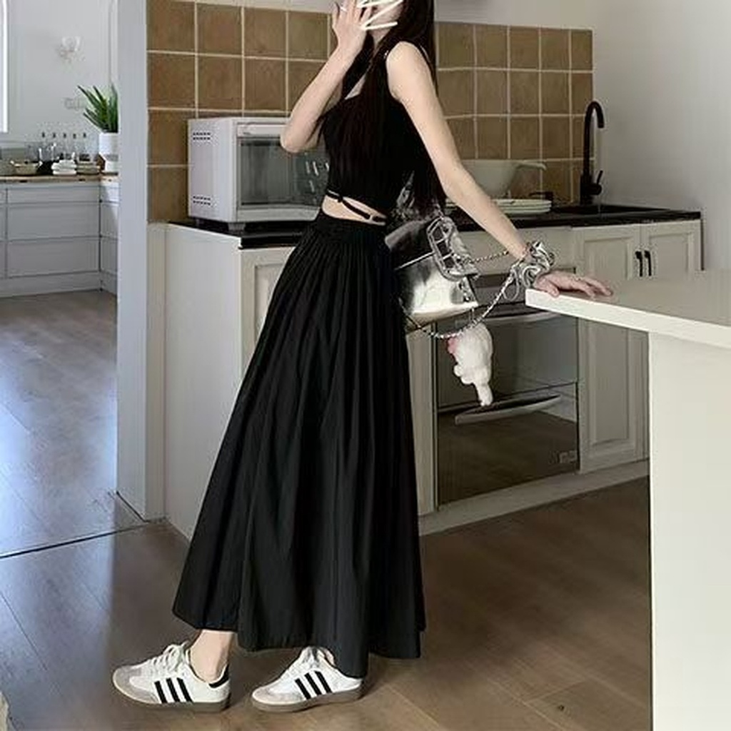 สีดำ ยาวพิเศษ กระโปรง กระโปรงทรงเอ เอวสูง หลวม ความทิ้งตัว การทำตัวให้ผอม ย้อนยุค บุคลิกภาพ - รูปที่ 2