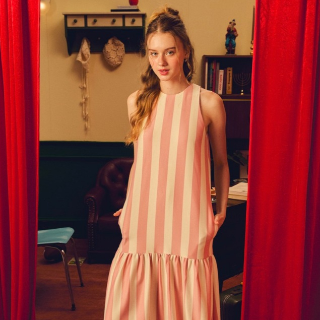 lookbookpetite charlie dress (adult) เดรสผู้ใหญ่ลายทาง สี bonbon pink stripe