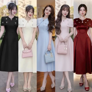 🚩ร้านโค้ดคุ้ม🚩 MILA เดรส + เสื้อคลุมไหล่ แต่งโบว์เพชร ออกงาน งานบุญ งานบวช แฟนนาค กฐิน แฟนนาค