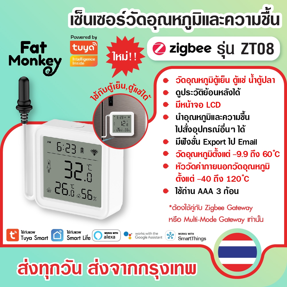 Tuya Zigbee Temp. & Hum. Sensor with External Probe ZT08 เซนเซอร์วัดอุณหภูมิ ความชื้น พร้อมหัววัดค่าภายนอก